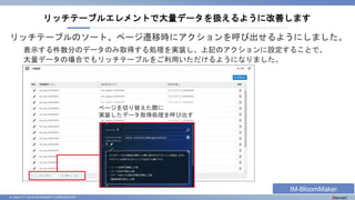 © 2023 NTT DATA INTRAMART CORPORATION
リッチテーブルのソート、ページ遷移時にアクションを呼び出せるようにしました。
表示する件数分のデータのみ取得する処理を実装し、上記のアクションに設定することで、
大量データの場合でもリッチテーブルをご利用いただけるようになりました。
リッチテーブルエレメントで大量データを扱えるように改善します
ページを切り替えた際に
実装したデータ取得処理を呼び出す
IM-BloomMaker
 