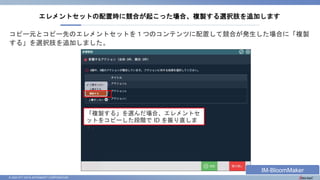 © 2023 NTT DATA INTRAMART CORPORATION
コピー元とコピー先のエレメントセットを１つのコンテンツに配置して競合が発生した場合に「複製
する」を選択肢を追加しました。
エレメントセットの配置時に競合が起こった場合、複製する選択肢を追加します
「複製する」を選んだ場合、エレメントセ
ットをコピーした段階で ID を振り直しま
す。
IM-BloomMaker
 
