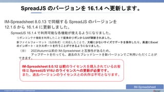 © 2023 NTT DATA INTRAMART CORPORATION
IM-Spreadsheet 8.0.13 で同梱する SpreadJS のバージョンを
12.1.6 から 16.1.4 に更新しました。
SpreadJS 16.1.4 で利用可能な各機能が使えるようになりました。
リボンコンテナ機能を利用したことで従来のリボンからUIが刷新されました。
新ファイルフォーマット（SJS形式）に対応したことで、大幅に少ないサイズでデータを保存したり、高速にExcel
のインポート・エクスポートを行うことができるようになりました。
SpreadJS のバージョンを 16.1.4 へ更新します。
IM-Spreadsheet 8.0.12 以前のライセンスを購入されているお客
様は SpreadJS V16J のライセンスへの更新が必要です。
また、過去バージョンのライセンスとの共存は不可となります。
（※） 2023Autumn以前の IM-Spreadsheet と互換性があるため、
アップデートを行っても、過去のスプレッドシートを新バージョンでご利用いただくことが
できます。
IM-Spreadsheet
 