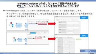 © 2023 NTT DATA INTRAMART CORPORATION
IM-FormaDesignerで作成したフォーム画面の呼び出しでバージョンを指定可能にします。
アプリケーションの状態に関係なく、呼び出す画面を固定できるため、業務プロセス改善時の調
査・検討の工数を削減できます。
IM-FormaDesignerで作成したフォーム画面呼び出し時に
アプリケーションのバージョンを指定できるようにします
Ver:1
Ver:2
バージョン「１」を指
定
バージョン「２」を指
定
IM-BPM
 