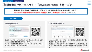 © 2024 NTT DATA INTRAMART Corporation 14
③ 開発者向けポータルサイト「Developer Portal」をオープン
2024 Spring 主要トピックス
開発者にわかりやすく各種情報・ドキュメントを案内するサイトを公開しました。
intra-martの各種情報へのアクセスが簡便化され、情報を探しやすくなりました。
Developer Portal ローコードポータル
サイト概要
製品ドキュメント、YouTubeチャンネルコンテンツなど、
intra-mart関連情報の集約サイトです。
ローコード開発情報専用ページ「ローコードポータル」
も本サイトからご覧いただけます。
intra-martのローコードツールを使用した開発に関する、
専用ポータルサイトです。
開発フェーズごとのローコード開発ツール利用方法、各
製品にフォーカスした活用事例記事などを公開していま
す。
 