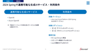 © 2024 NTT DATA INTRAMART Corporation 19
2024 Springで連携可能な生成AIサービス・利用条件
• OpenAI
• Azure OpenAI
※ 今後のバージョンでの他生成AIサービスとの連携
は検討中です。
連携可能な生成AIサービス 利用条件
対象バージョン
• intra-mart Accel Platform 2024 Spring
以上のバージョン
対象エディション
• 【CSL】アドバンスエディション
• 【CSL】プロフェッショナルエディション
提供方法
• IM-LogicDesigner部品
• スクリプト開発モデル向けAPI
• JavaEE開発モデル向けAPI
生成AI 機能追加
 