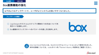 © 2024 NTT DATA INTRAMART Corporation 34
Box連携機能の強化
以下のようなアップデートで、ユーザがよりシステムを使いやすくなりました。
アップデートの概要
① LogicDesignerタスク/Java/スクリプト開発の3つの方法について利
用ガイドを提供します。
② Box連携のロジックフローへのパラメータの渡し方を案内します。
intra-mart Accel Platformは、Boxエコシステムソリューションとして認定されました。
本件の詳細については、icottoサイト内「Partner’s Room」内資料をご確認ください。
Box連携 改善 / 提供
 