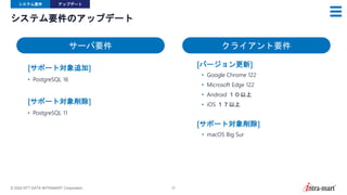 © 2024 NTT DATA INTRAMART Corporation 37
システム要件のアップデート
システム要件 アップデート
〔サポート対象追加〕
• PostgreSQL 16
〔サポート対象削除〕
• PostgreSQL 11
サーバ要件 クライアント要件
〔バージョン更新〕
• Google Chrome 122
• Microsoft Edge 122
• Android １０以上
• iOS １７以上
〔サポート対象削除〕
• macOS Big Sur
 