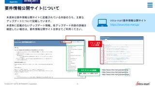 © 2024 NTT DATA INTRAMART Corporation 43
要件情報公開サイトについて
本資料は要件情報公開サイトに記載されている内容のうち、主要な
アップデートについて記載しています。
本資料に記載のないアップデート情報、各アップデート内容の詳細を
確認したい場合は、要件情報公開サイトを併せてご利用ください。
• https://issue.intra-mart.jp/projects/iap
• https://issue.intra-mart.jp/projects/iac
• https://issue.intra-mart.jp/projects/bpm
機能・製品ごとに検索できま
す
カテゴリによる検索
チケット番号
による検索
Appendix
要件情報公開サイ
ト
intra-mart要件情報公開サイト
https://issue.intra-mart.jp/
 