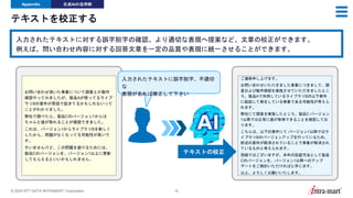 © 2024 NTT DATA INTRAMART Corporation 49
テキストを校正する
Appendix 生成AIの活用例
入力されたテキストに対する誤字脱字の確認、より適切な表現へ提案など、文章の校正ができます。
例えば、問い合わせ内容に対する回答文章を一定の品質や表現に統一させることができます。
お問い合わせ頂いた事象について調査とか動作
確認やってみましたが、製品Aが使ってるライブ
ラリBの要件が原因で起きてるかもしれないって
ことがわかりました。
弊社で調べたら、製品Cのバージョン1からは
ちゃんと値が取れることが確認できました。
これは、バージョン1からライブラリBを新しく
したから、問題がなくなってる可能性が高いで
す。
すいませんけど、この問題を避けるためには、
製品Cのバージョンを、バージョン1以上に更新
してもらえるといいかもしれません。
ご連絡申し上げます。
お問い合わせいただきました事象につきまして、調
査および動作確認を実施させていただきましたとこ
ろ、製品Aで利用しているライブラリBの以下要件
に起因して発生している事象である可能性が考えら
れます。
弊社にて調査を実施したところ、製品C バージョン
1以降では正常に値が取得できることを確認してお
ります。
こちらは、以下の要件にて バージョン1以降ではラ
イブラリBのバージョンアップを行っているため、
前述の要件が解消されていることで事象が解消され
ているものと考えられます。
恐縮ではございますが、本件の回避方法として製品
Cのバージョンを、バージョン1以降へのアップ
デートをご検討いただければと存じます。
以上、よろしくお願いいたします。
テキストの校正
入力されたテキストに誤字脱字、不適切
な
表現があれば修正して下さい
 