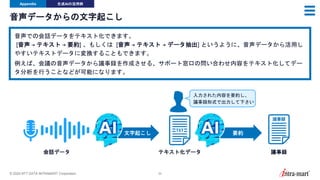 © 2024 NTT DATA INTRAMART Corporation 52
音声データからの文字起こし
Appendix 生成AIの活用例
音声での会話データをテキスト化できます。
[音声 → テキスト → 要約] 、もしくは [音声 → テキスト → データ抽出] というように、音声データから活用し
やすいテキストデータに変換することもできます。
例えば、会議の音声データから議事録を作成させる、サポート窓口の問い合わせ内容をテキスト化してデー
タ分析を行うことなどが可能になります。
会話データ テキスト化データ 議事録
要約
文字起こし
入力された内容を要約し、
議事録形式で出力して下さい
 