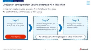 © 2024 NTT DATA INTRAMART Corporation 16
Direction of development of utilizing generative AI in intra-mart
In intra-mart, we plan to utilize generative AI in the following three steps:
We took the first step with the release of 2024 Spring.
Step 1
The stage where generative
AI can be used on the system
2024 Spring
Step 2
The stage where generative AI is
incorporated into each
development function, improving
development productivity and UX
Step 3
The stage where business
assistance using generative AI
becomes standard
We will focus on achieving this goal in future development
Generative AI Added Functions
 