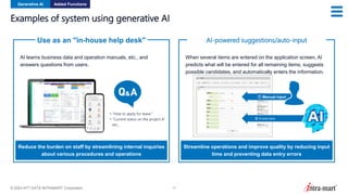 © 2024 NTT DATA INTRAMART Corporation 17
Examples of system using generative AI
Use as an "in-house help desk"
• “How to apply for leave.”
• “Current status on the project A”
etc.,
AI learns business data and operation manuals, etc., and
answers questions from users.
Reduce the burden on staff by streamlining internal inquiries
about various procedures and operations
AI-powered suggestions/auto-input
When several items are entered on the application screen, AI
predicts what will be entered for all remaining items, suggests
possible candidates, and automatically enters the information.
Streamline operations and improve quality by reducing input
time and preventing data entry errors
① Manual input
② AI auto input
Generative AI Added Functions
 
