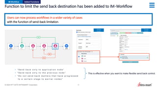 © 2024 NTT DATA INTRAMART Corporation 31
Function to limit the send back destination has been added to IM-Workflow
IM-Workflow Added Functions
Users can now process workflows in a wider variety of cases
with the function of send-back limitation.
• “ S e n d b a c k o n l y t o a p p l i c a t i o n n o d e ”
• “ S e n d b a c k o n l y t o t h e p r e v i o u s n o d e ”
• “ D o n o t s e n d b a c k m a t t e r s t h a t h a v e p r o g r e s s e d
t o a c e r t a i n s t a g e t o e a r l i e r n o d e s ”
This is effective when you want to make flexible send back control.
Setting
Screen
Process
Screen
NG
NG
OK
PC Purchase Request
Accounting Sector
Leader
Manager
Leader Manager Accounting
Apply
 