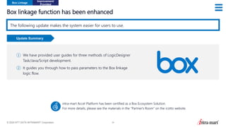 © 2024 NTT DATA INTRAMART Corporation 34
Box linkage function has been enhanced
The following update makes the system easier for users to use.
Update Summary
① We have provided user guides for three methods of LogicDesigner
Task/Java/Script development.
② It guides you through how to pass parameters to the Box linkage
logic flow.
intra-mart Accel Platform has been certified as a Box Ecosystem Solution.
For more details, please see the materials in the “Partner's Room" on the icotto website.
Box Linkage
Improvement/
Provided
 