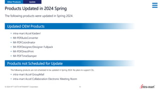 © 2024 NTT DATA INTRAMART Corporation 40
Products Updated in 2024 Spring
The following products were updated in Spring 2024.
Other Products Update
• intra-mart Accel Kaiden!
• IM-PDFAutoConverter
• IM-PDFCoordinator
• IM-PDFDesigner/Designer Fullpack
• IM-PDFDirectPrint
• IM-PDFTimeStamper
• intra-mart Accel GroupMail
• intra-mart Accel Collaboration Electronic Meeting Room
The following products are not scheduled to be updated in Spring 2024. No plans to support CSL.
Updated OEM Products
Products not Scheduled for Update
 