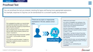 © 2024 NTT DATA INTRAMART Corporation 49
Proofread Text
Appendix
Examples of using
generative AI
You can proofread the text you entered, checking for typos and having more appropriate expressions.
For example, responses to inquiries can be standardized to a consistent quality and expression.
We investigated the problem you inquired about
and performed operational checks, and found
that it may have been caused by a requirement of
library B used by product A.
After investigating that, we were able to confirm
that the values could be properly obtained from
version 1 of product C.
This is likely because library B has been updated
from version 1, so the problem has been
resolved.
If you want too avoid this problem, it might be a
good idea to update the version of product C to
version 1 or higher
Thank you for your inquiry.
As a result of investigation and verification of the
operation of the issue, it is possible that the issue
occurred due to the following requirements of
Library B used in Product A.
We have conducted an investigation and confirmed
that the values can be acquired correctly in product
C version 1 or later.
Since Version 1 and later of Library B have been
upgraded according to the following requirements,
it is assumed that the above requirements have
been resolved.
In order to avoid this issue, we would appreciate it if
you could consider updating the version of Product
C to version 1 or later.
We appreciate your understanding and
cooperation.
Proofread Text
If there are any typos or inappropriate
expressions in the text, please correct
them.
 