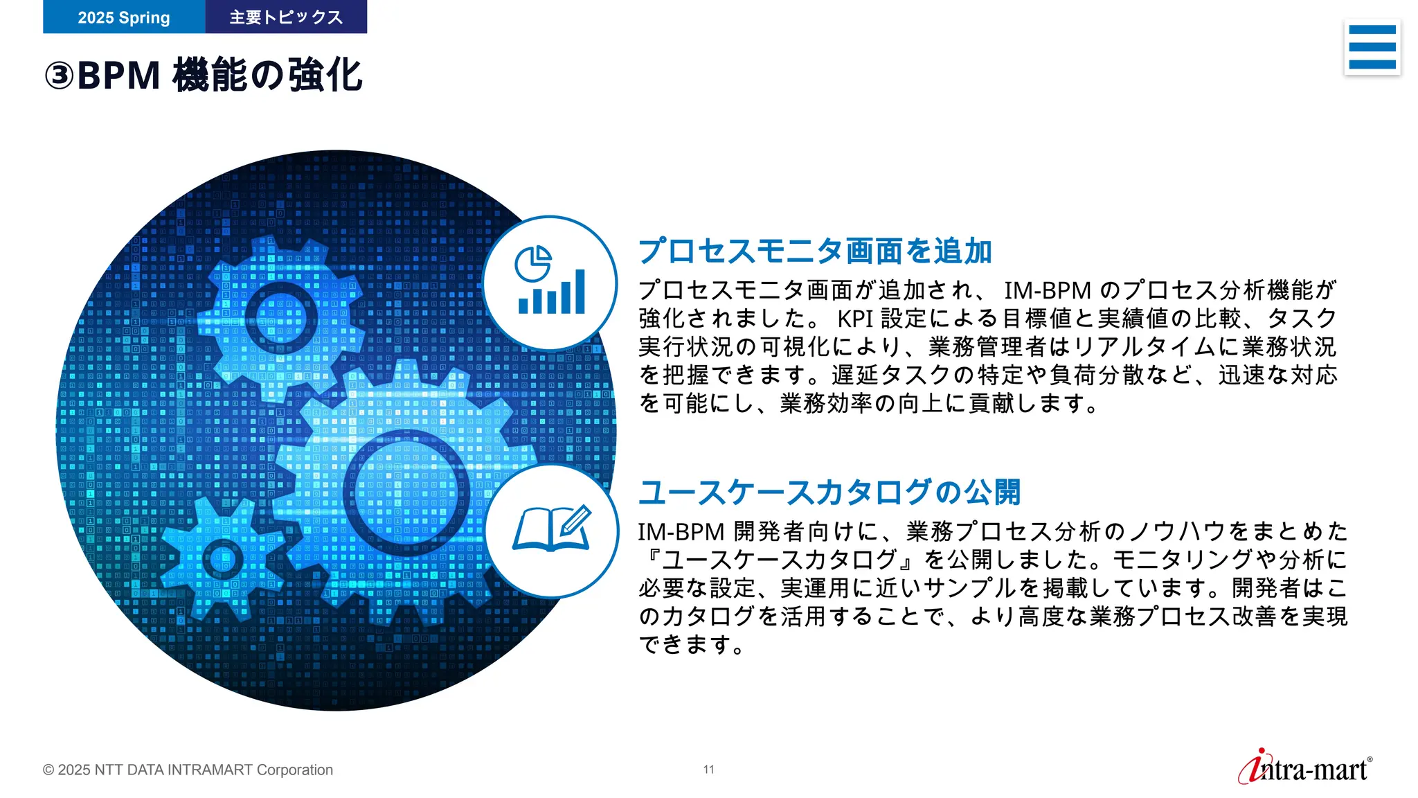 © 2025 NTT DATA INTRAMART Corporation 11
2025 Spring 主要トピックス
③BPM 機能の強化
プロセスモニタ画面を追加
プロセスモニタ画面が追加され、 IM-BPM のプロセス分析機能が
強化されました。 KPI 設定による目標値と実績値の比較、タスク
実行状況の可視化により、業務管理者はリアルタイムに業務状況
を把握できます。遅延タスクの特定や負荷分散など、迅速な対応
を可能にし、業務効率の向上に貢献します。
ユースケースカタログの公開
IM-BPM 開発者向けに、業務プロセス分析のノウハウをまとめた
『ユースケースカタログ』を公開しました。モニタリングや分析に
必要な設定、実運用に近いサンプルを掲載しています。開発者はこ
のカタログを活用することで、より高度な業務プロセス改善を実現
できます。
 