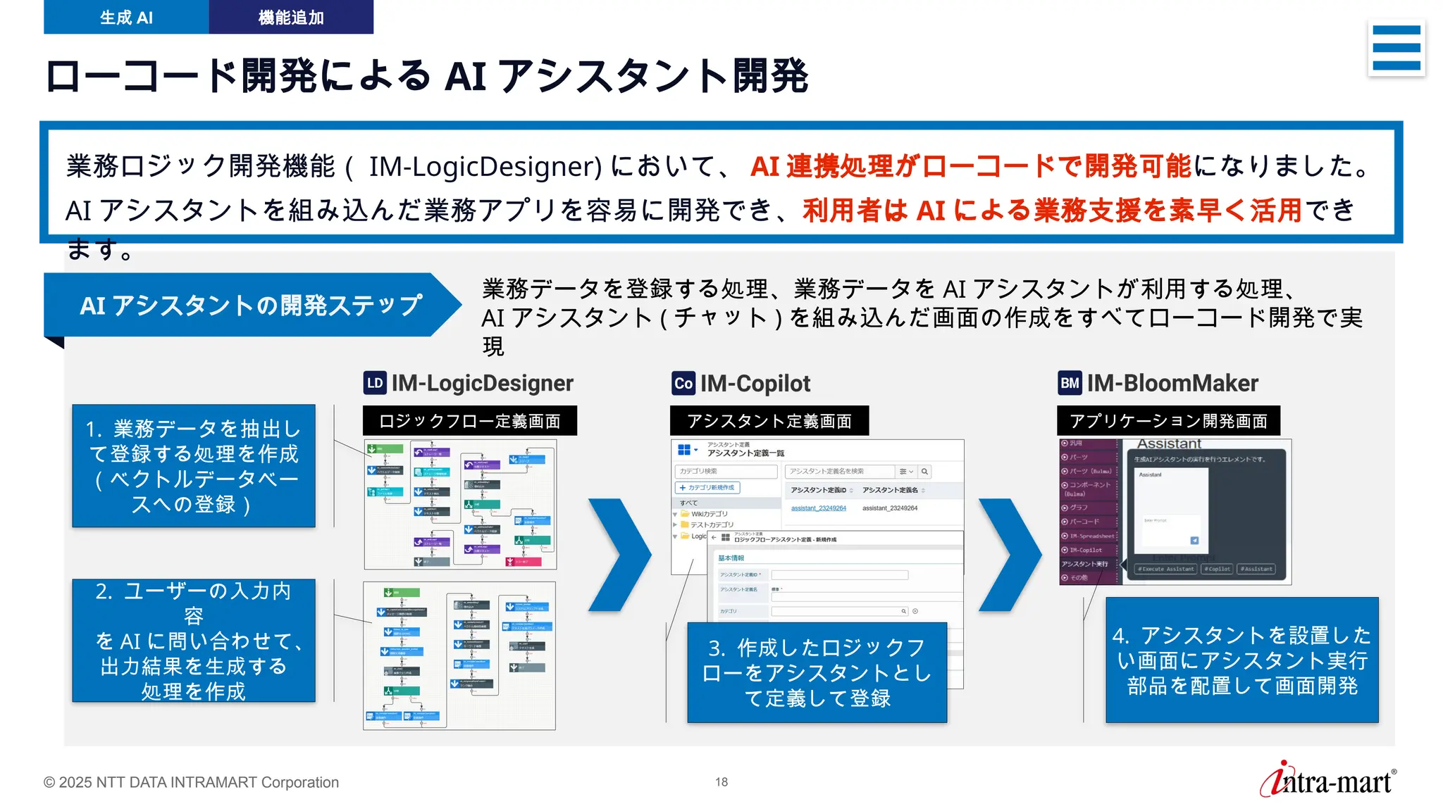 © 2025 NTT DATA INTRAMART Corporation 18
AI アシスタントの開発ステップ
生成 AI 機能追加
ローコード開発による AI アシスタント開発
業務ロジック開発機能（ IM-LogicDesigner) において、 AI 連携処理がローコードで開発可能になりました。
AI アシスタントを組み込んだ業務アプリを容易に開発でき、利用者は AI による業務支援を素早く活用でき
ます。
アシスタント定義画面
業務データを登録する処理、業務データを AI アシスタントが利用する処理、
AI アシスタント ( チャット ) を組み込んだ画面の作成をすべてローコード開発で実
現
2. ユーザーの入力内
容
を AI に問い合わせて、
出力結果を生成する
処理を作成
1. 業務データを抽出し
て登録する処理を作成
（ベクトルデータベー
スへの登録）
3. 作成したロジックフ
ローをアシスタントとし
て定義して登録
ロジックフロー定義画面 アプリケーション開発画面
4. アシスタントを設置した
い画面にアシスタント実行
部品を配置して画面開発
 