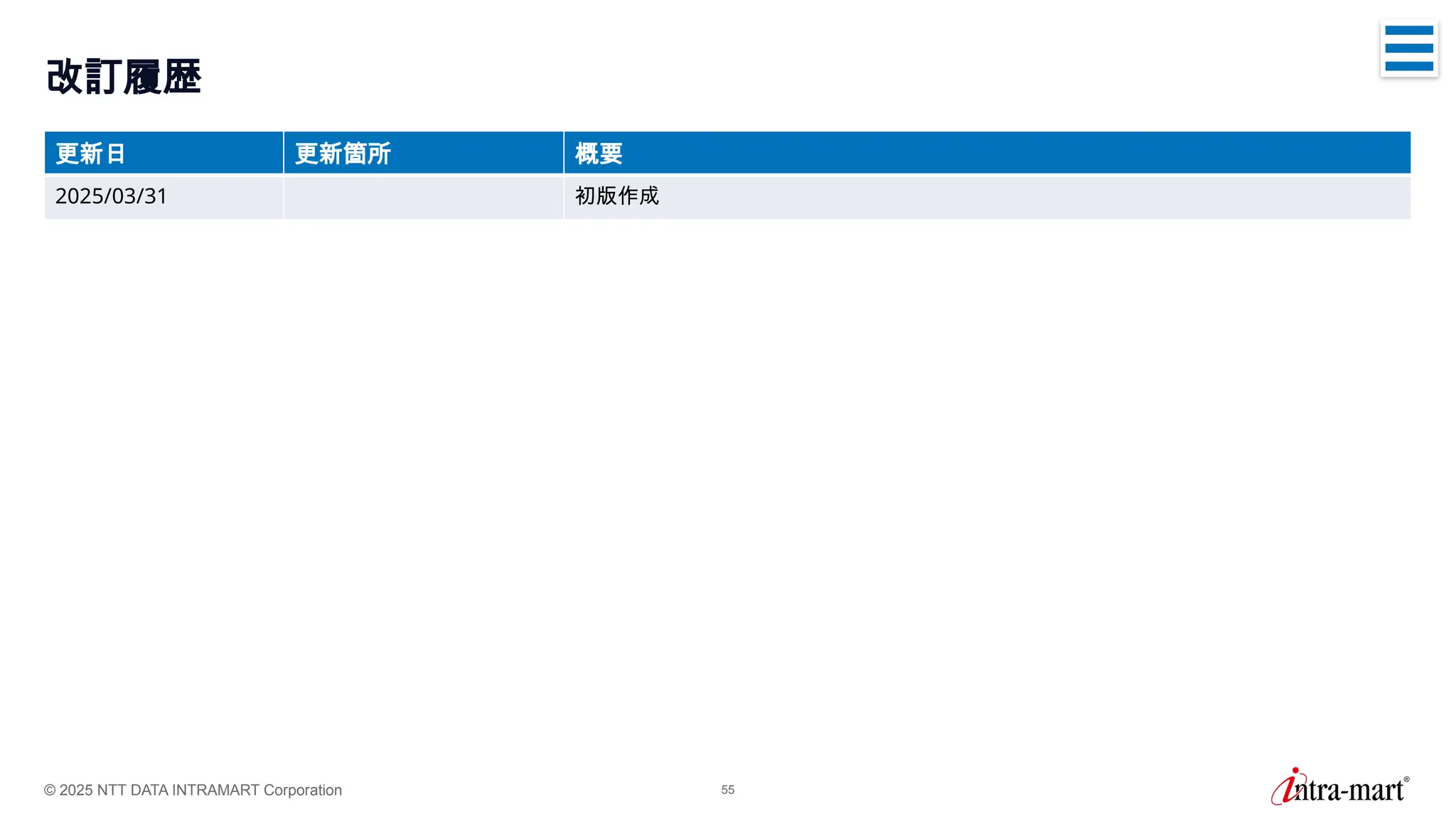 © 2025 NTT DATA INTRAMART Corporation 55
改訂履歴
更新日 更新箇所 概要
2025/03/31 初版作成
 