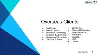 Overseas Clients
7CONFIDENTIAL
● Real Estate
● Medical Device
● Healthcare & Pharmacy
● Marketing & Advertising
● Management Consulting
● Computer Software
● Construction
● Chemical Distribution
Network Alliance
● Automotive
● Education
● NGO
● Utilities
 