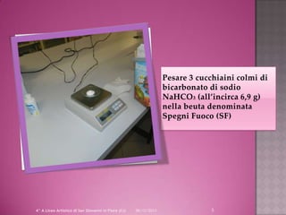 Pesare 3 cucchiaini colmi di
bicarbonato di sodio
NaHCO3 (all’incirca 6,9 g)
nella beuta denominata
Spegni Fuoco (SF)

4^ A Liceo Artistico di San Giovanni in Fiore (Cs)

06/12/2013

5

 