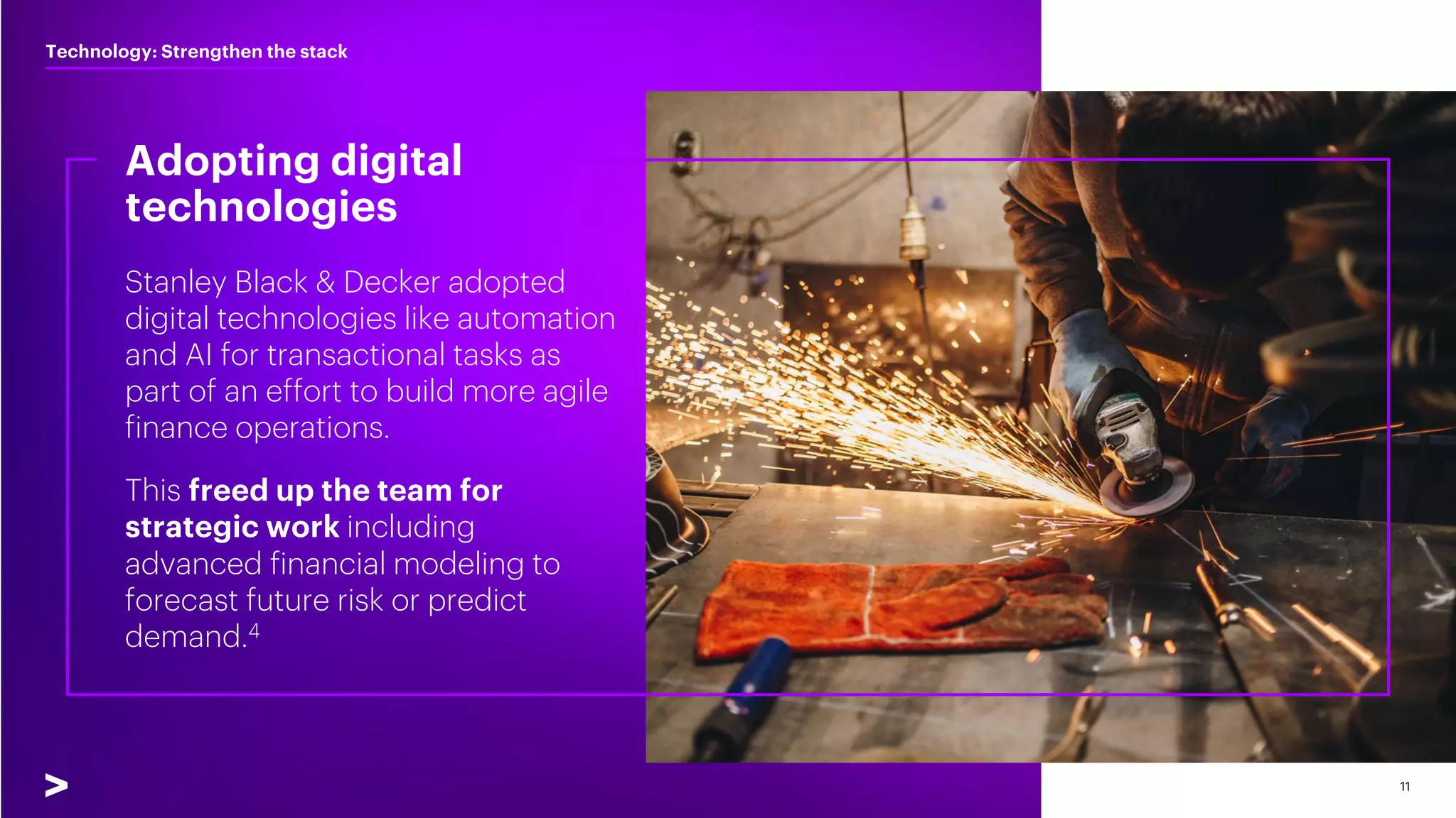 11
Stanley Black & Decker adopted
digital technologies like automation
and AI for transactional tasks as
part of an effort to build more agile
finance operations.
This freed up the team for
strategic work including
advanced financial modeling to
forecast future risk or predict
demand.4
Adopting digital
technologies
Technology: Strengthen the stack
 