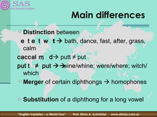 Main differences
 Distinction between
 e t e t w t  bath, dance, fast, after, grass,
  calm
caccal m d putt ≠ put
         ,
put t ≠ put   wine/whine; were/where; witch/
  which
 Merger of certain diphthongs  homophones


 Substitution of a diphthong for a long vowel

“English Varieties – a World Tour”   Prof. Silvia A. Schnitzler   www.silvias.com.ar
 