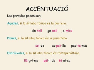 ACCENTUACIÓ
Les paraules poden ser:

Agudes, si la síl·laba tònica és la darrera.

                  cla-tell      ge-noll     a-mics

Planes, si la síl·laba tònica és la penúltima.

                     col-ze        es-pat-lla        pes-ta-nya

Esdrúixoles, si la síl·laba tònica és l’antepenúltima.

            llà-gri-ma       pàl·li-da    tò-ni-ca
 