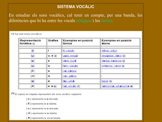 SISTEMA VOCÀLIC

En estudiar els sons vocàlics, cal tenir en compte, per una banda, les
diferències que hi ha entre les vocals tòniques i les àtones.
 