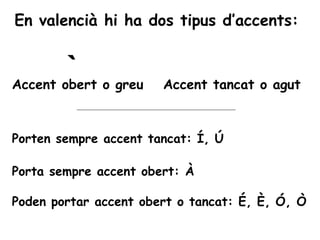 En valencià hi ha dos tipus d’accents:


        ` o greu
Accent obert           Accent tancat o agut



Porten sempre accent tancat: Í, Ú

Porta sempre accent obert: À

Poden portar accent obert o tancat: É, È, Ó, Ò
 