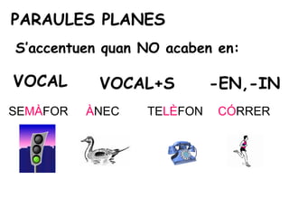 PARAULES PLANES
S’accentuen quan NO acaben en:

VOCAL      VOCAL+S         -EN,-IN
SEMÀFOR   ÀNEC   TELÈFON   CÓRRER
 