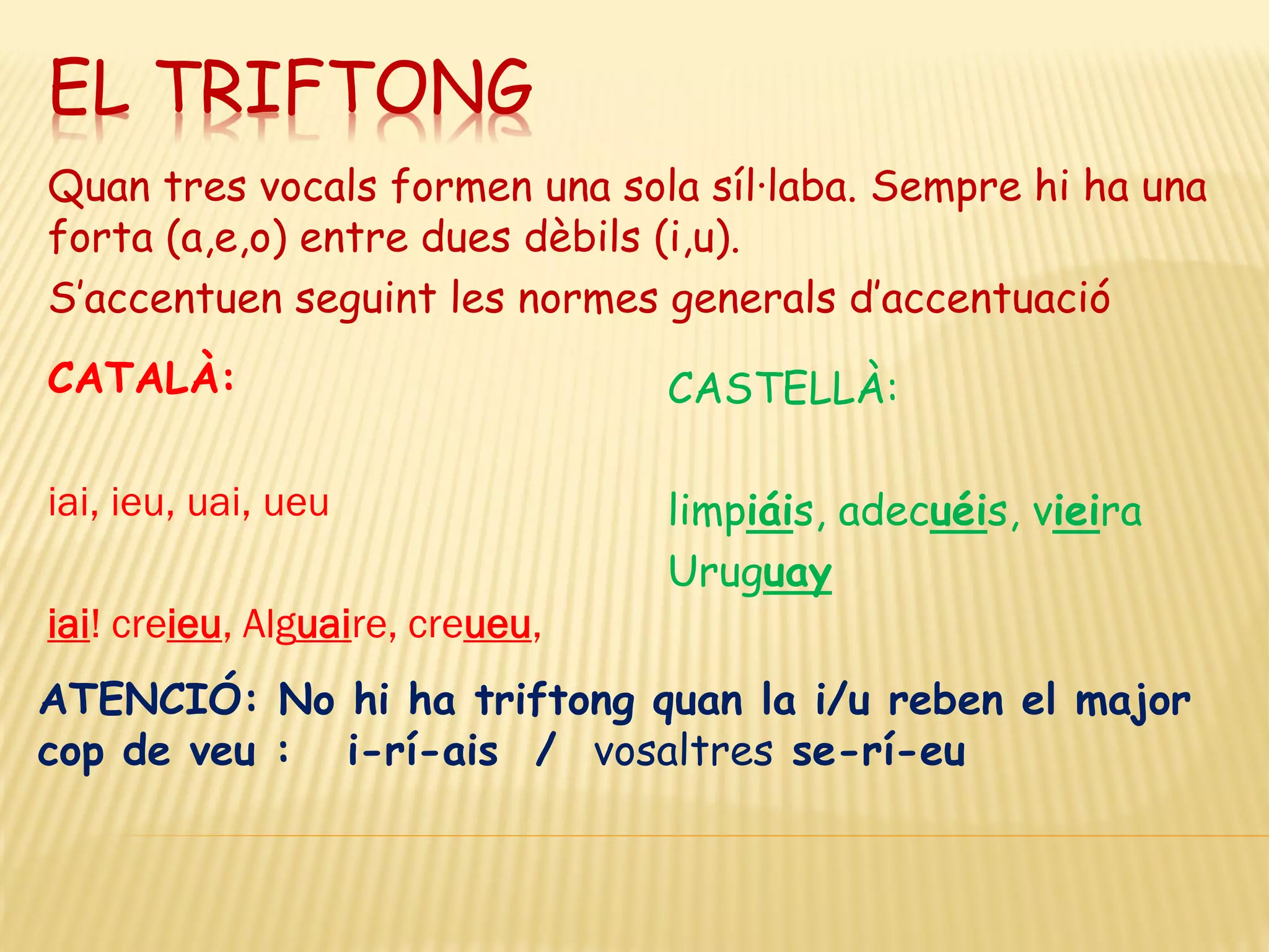 EL TRIFTONG
Quan tres vocals formen una sola síl·laba. Sempre hi ha una
forta (a,e,o) entre dues dèbils (i,u).
S’accentuen seguint les normes generals d’accentuació
CATALÀ:                          CASTELLÀ:

iai, ieu, uai, ueu               limpiáis, adecuéis, vieira
                                 Uruguay
iai! creieu, Alguaire, creueu,
ATENCIÓ: No hi ha triftong quan la i/u reben el major
cop de veu : i-rí-ais / vosaltres se-rí-eu
 