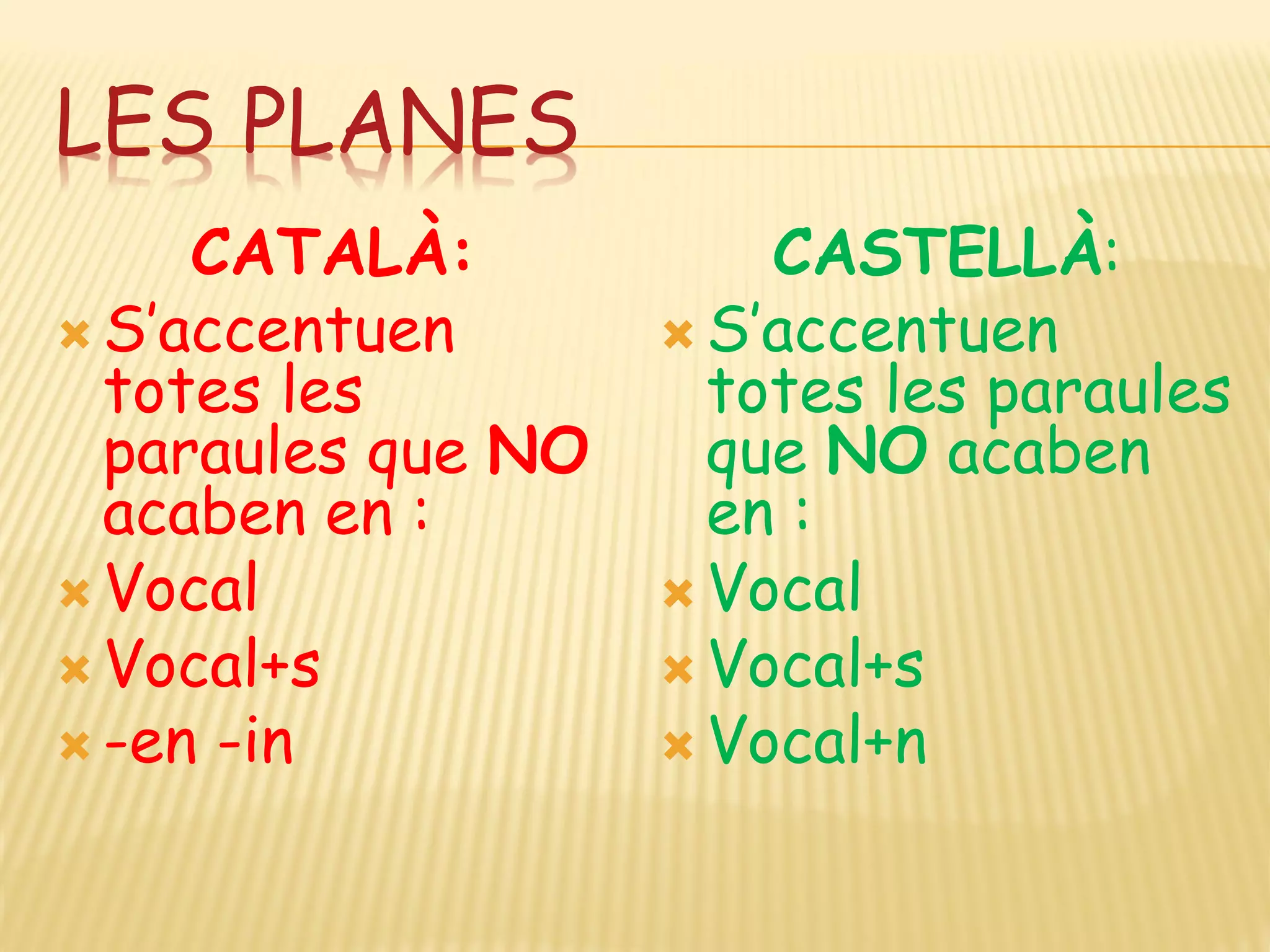 LES PLANES
     CATALÀ:            CASTELLÀ:
 S’accentuen        S’accentuen
  totes les           totes les paraules
  paraules que NO     que NO acaben
  acaben en :         en :
 Vocal              Vocal
 Vocal+s            Vocal+s
 -en -in            Vocal+n
 