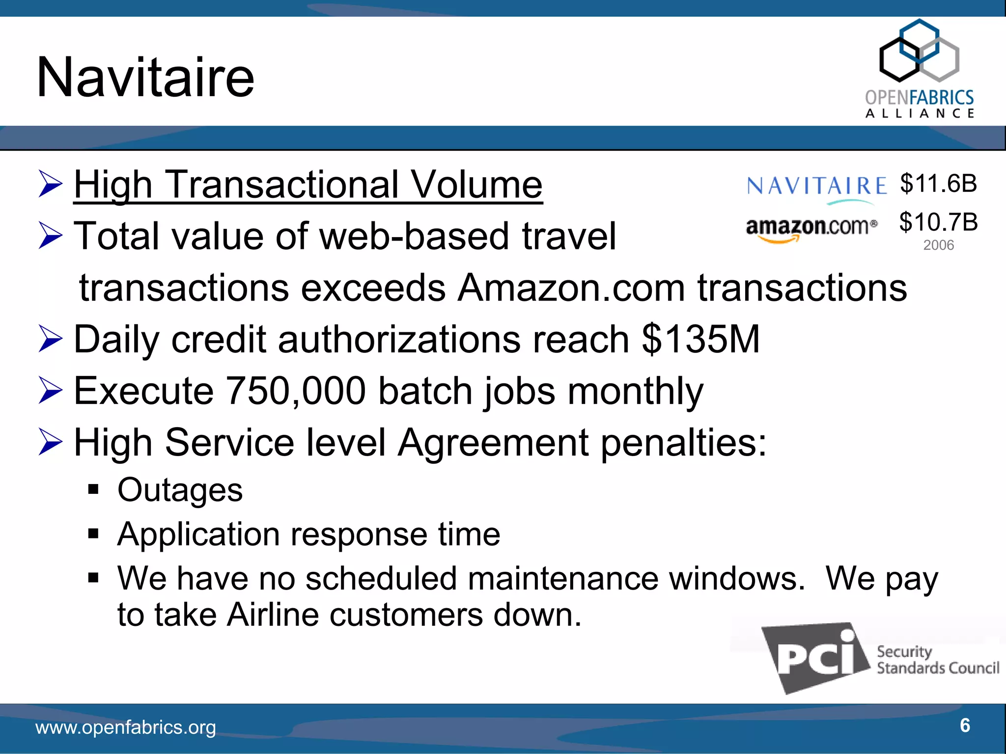 Navitaire
   High Transactional Volume                   $11.6B
                                               $10.7B
   Total value of web-based travel                     2006


   transactions exceeds Amazon.com transactions
   Daily credit authorizations reach $135M
   Execute 750,000 batch jobs monthly
   High Service level Agreement penalties:
        Outages
        Application response time
        We have no scheduled maintenance windows. We pay
        to take Airline customers down.


www.openfabrics.org                                           6
 