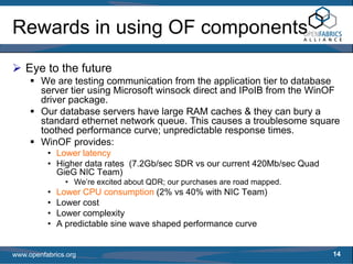 Rewards in using OF components
   Eye to the future
        We are testing communication from the application tier to database
        server tier using Microsoft winsock direct and IPoIB from the WinOF
        driver package.
        Our database servers have large RAM caches & they can bury a
        standard ethernet network queue. This causes a troublesome square
        toothed performance curve; unpredictable response times.
        WinOF provides:
          • Lower latency
          • Higher data rates (7.2Gb/sec SDR vs our current 420Mb/sec Quad
            GieG NIC Team)
                • We’re excited about QDR; our purchases are road mapped.
          •   Lower CPU consumption (2% vs 40% with NIC Team)
          •   Lower cost
          •   Lower complexity
          •   A predictable sine wave shaped performance curve


www.openfabrics.org                                                          14
 