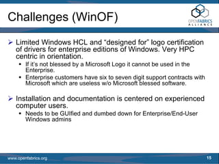 Challenges (WinOF)
   Limited Windows HCL and “designed for” logo certification
   of drivers for enterprise editions of Windows. Very HPC
   centric in orientation.
        If it’s not blessed by a Microsoft Logo it cannot be used in the
        Enterprise.
        Enterprise customers have six to seven digit support contracts with
        Microsoft which are useless w/o Microsoft blessed software.

   Installation and documentation is centered on experienced
   computer users.
        Needs to be GUIfied and dumbed down for Enterprise/End-User
        Windows admins




www.openfabrics.org                                                           15
 