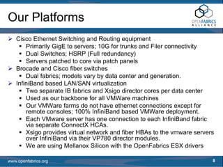 Our Platforms
   Cisco Ethernet Switching and Routing equipment
       Primarily GigE to servers; 10G for trunks and Filer connectivity
       Dual Switches; HSRP (Full redundancy)
       Servers patched to core via patch panels
   Brocade and Cisco fiber switches
       Dual fabrics; models vary by data center and generation.
   InfiniBand based LAN/SAN virtualization
       Two separate IB fabrics and Xsigo director cores per data center
       Used as our backbone for all VMWare machines
       Our VMWare farms do not have ethernet connections except for
       remote consoles; 100% InfiniBand based VMWare deployment.
       Each VMware server has one connection to each InfiniBand fabric
       via separate ConnectX HCAs.
       Xsigo provides virtual network and fiber HBAs to the vmware servers
       over InfiniBand via their VP780 director modules.
       We are using Mellanox Silicon with the OpenFabrics ESX drivers

www.openfabrics.org                                                      8
 