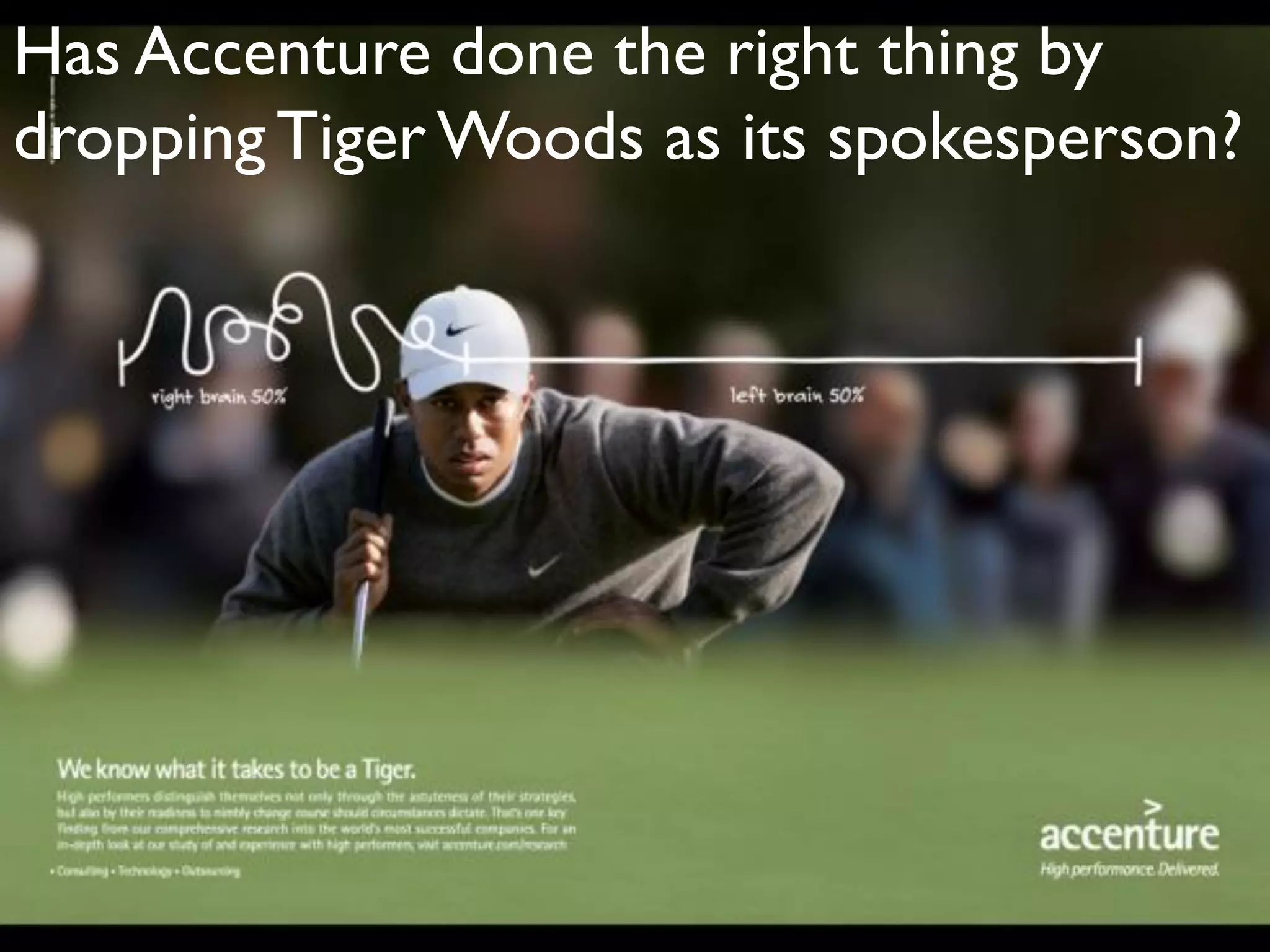 Has Accenture done the right thing by
dropping Tiger Woods as its spokesperson?