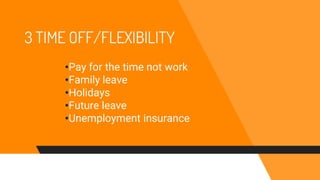 3 TIME OFF/FLEXIBILITY
•Pay for the time not work
•Family leave
•Holidays
•Future leave
•Unemployment insurance
 