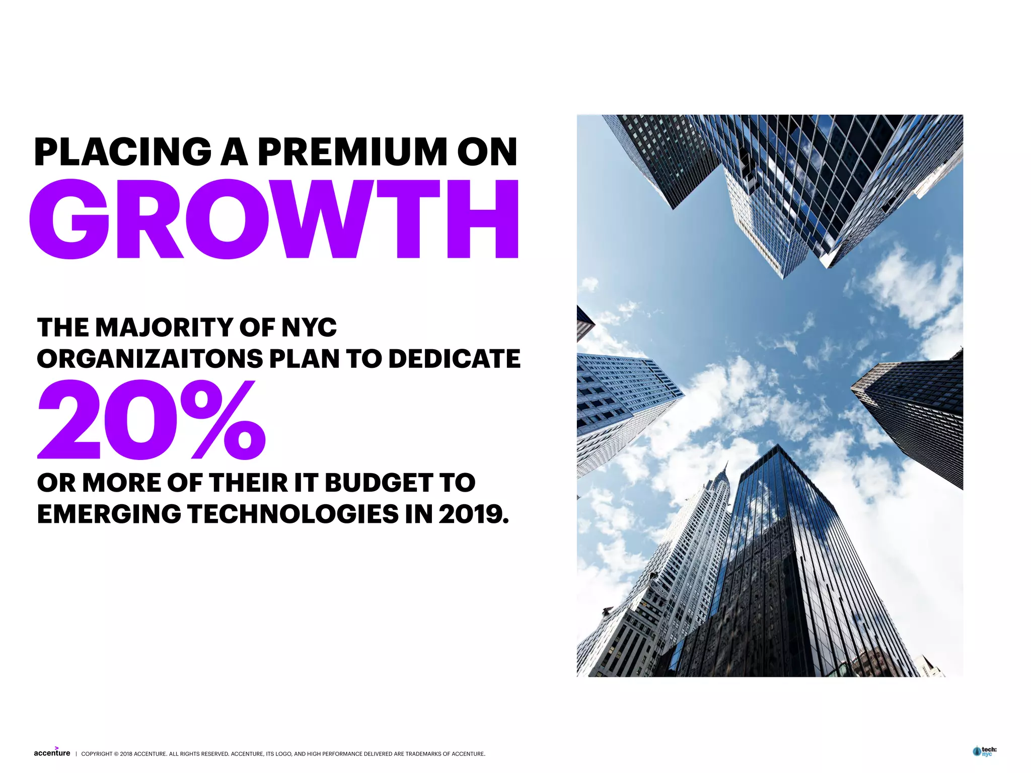 | COPYRIGHT © 2018 ACCENTURE. ALL RIGHTS RESERVED. ACCENTURE, ITS LOGO, AND HIGH PERFORMANCE DELIVERED ARE TRADEMARKS OF ACCENTURE.
THE MAJORITY OF NYC
ORGANIZAITONS PLAN TO DEDICATE
OR MORE OF THEIR IT BUDGET TO
EMERGING TECHNOLOGIES IN 2019.
GROWTH
20%
PLACING A PREMIUM ON
 