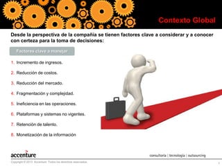 Contexto Global
Desde la perspectiva de la compañía se tienen factores clave a considerar y a conocer
con certeza para la toma de decisiones:
Factores clave a manejar

1. Incremento de ingresos.
2. Reducción de costos.
3. Reducción del mercado.

4. Fragmentación y complejidad.
5. Ineficiencia en las operaciones.
6. Plataformas y sistemas no vigentes.
7. Retención de talento.
8. Monetización de la información

Copyright © 2013 Accenture Todos los derechos reservados.

7

 