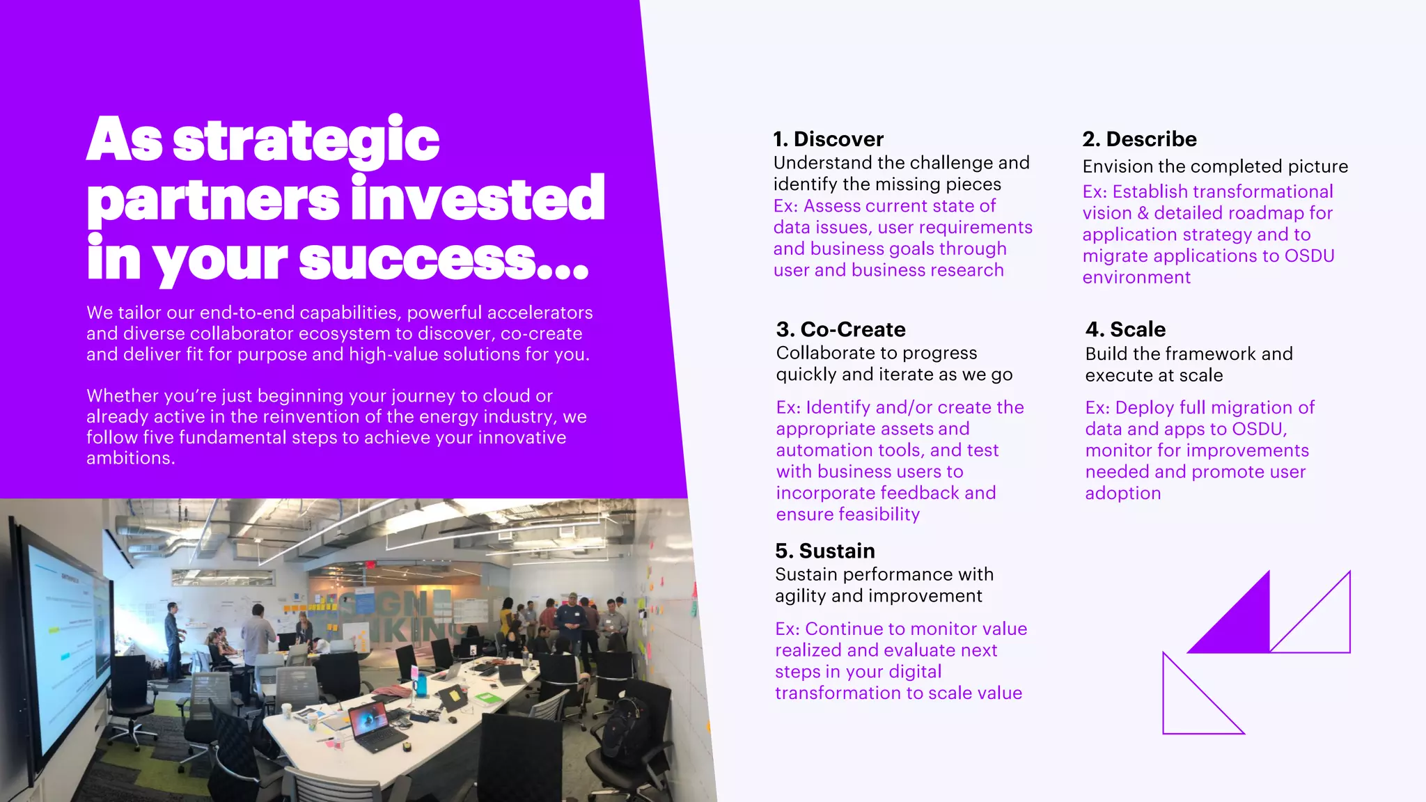 Copyright © 2021 Accenture. All rights reserved.
We tailor our end-to-end capabilities, powerful accelerators
and diverse collaborator ecosystem to discover, co-create
and deliver fit for purpose and high-value solutions for you.
Whether you’re just beginning your journey to cloud or
already active in the reinvention of the energy industry, we
follow five fundamental steps to achieve your innovative
ambitions.
As strategic
partners invested
in your success…
Understand the challenge and
identify the missing pieces
1. Discover
Ex: Assess current state of
data issues, user requirements
and business goals through
user and business research
Build the framework and
execute at scale
4. Scale
Ex: Deploy full migration of
data and apps to OSDU,
monitor for improvements
needed and promote user
adoption
Envision the completed picture
2. Describe
Ex: Establish transformational
vision & detailed roadmap for
application strategy and to
migrate applications to OSDU
environment
Collaborate to progress
quickly and iterate as we go
3. Co-Create
Ex: Identify and/or create the
appropriate assets and
automation tools, and test
with business users to
incorporate feedback and
ensure feasibility
Sustain performance with
agility and improvement
5. Sustain
Ex: Continue to monitor value
realized and evaluate next
steps in your digital
transformation to scale value
 