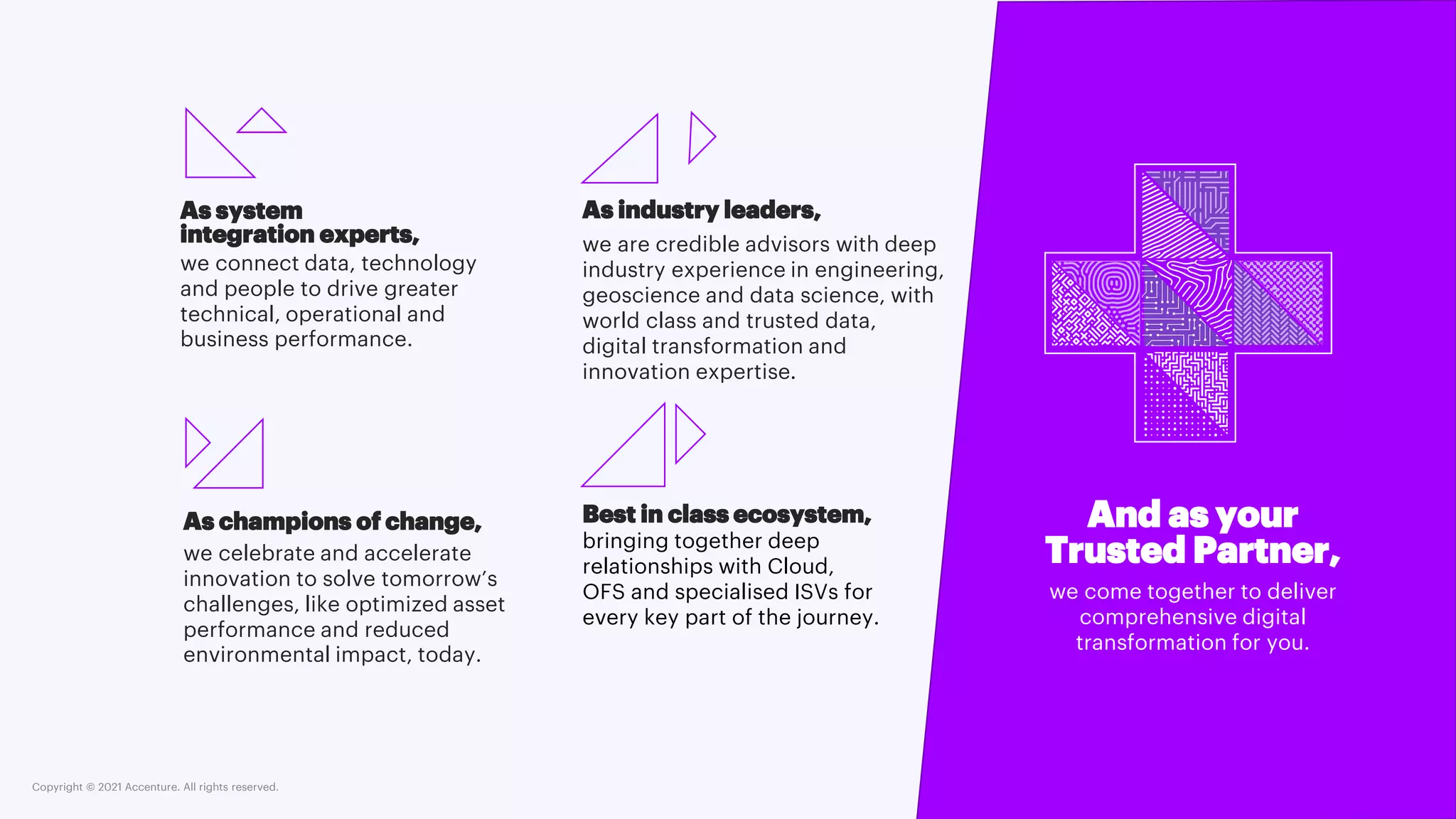 Copyright © 2021 Accenture. All rights reserved.
As system
integration experts,
we connect data, technology
and people to drive greater
technical, operational and
business performance.
As industry leaders,
we are credible advisors with deep
industry experience in engineering,
geoscience and data science, with
world class and trusted data,
digital transformation and
innovation expertise.
As champions of change,
we celebrate and accelerate
innovation to solve tomorrow’s
challenges, like optimized asset
performance and reduced
environmental impact, today.
And as your
Trusted Partner,
we come together to deliver
comprehensive digital
transformation for you.
Best in class ecosystem,
bringing together deep
relationships with Cloud,
OFS and specialised ISVs for
every key part of the journey.
 
