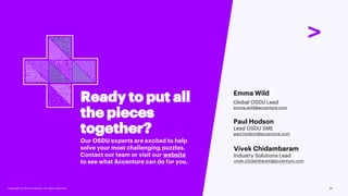 Copyright © 2021 Accenture. All rights reserved.
Ready to put all
the pieces
together?
Our OSDU experts are excited to help
solve your most challenging puzzles.
Contact our team or visit our website
to see what Accenture can do for you.
Emma Wild
Global OSDU Lead
emma.wild@accenture.com
Paul Hodson
Lead OSDU SME
paul.hodson@accenture.com
Vivek Chidambaram
Industry Solutions Lead
vivek.chidambaram@accenture.com
14
Copyright © 2021 Accenture. All rights reserved.
 