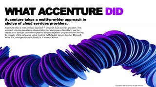 WHAT ACCENTURE DID
Accenture takes a multi-provider approach in
choice of cloud services providers.
Accenture takes a multi-provider approach in choice of cloud services providers. This
approach not only spreads risk concentration, but also gives us flexibility to use the
best-fit cloud services. A database platform services migration program involves moving
the majority of the company’s virtual machine (VM)-hosted servers to either Microsoft
Azure SQL managed instance (PaaS) or to Amazon Aurora.
Copyright © 2020 Accenture. All rights reserved
 