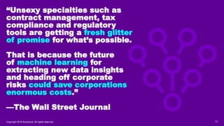 13Copyright 2019 Accenture. All rights reserved.
“Unsexy specialties such as
contract management, tax
compliance and regulatory
tools are getting a fresh glitter
of promise for what’s possible.
That is because the future
of machine learning for
extracting new data insights
and heading off corporate
risks could save corporations
enormous costs.”
—The Wall Street Journal
 