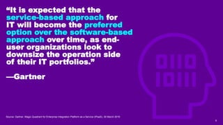 6
“It is expected that the
service-based approach for
IT will become the preferred
option over the software-based
approach over time, as end-
user organizations look to
downsize the operation side
of their IT portfolios.”
—Gartner
Source: Gartner, Magic Quadrant for Enterprise Integration Platform as a Service (IPaaS), 30 March 2019
 