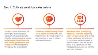 Foster a culture that instills the
philosophy that sales goal
achievement is secondary to
ethically serving customer needs...