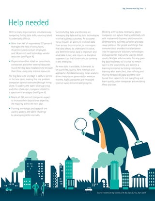 Big Success with Big Data 7
Help needed
With so many organizations simultaneously
competing for big data skills, sourcing talent
is undeniably difficult.
•	More than half of respondents (57 percent)
leveraged the help of consultants,
45 percent used contract employees
and 34 percent used technology vendor
resources (see Figure 4).
•	Organizations that relied on consultants,
contractors and other external resources
found their big data installations to be easier
than those using only internal resources.
The big data skills shortage is likely to persist
in the near term, making this one problem
companies cannot overcome through hiring
alone. To address the talent shortage crisis
and other challenges, companies resort to
a spectrum of strategies (see Figure 5).
•	Nearly all (91 percent) companies expect
to increase their data science expertise,
the majority within the next year.
•	Training, workshops and research are
used to address the talent challenge
by developing skills internally.
Successful big data practitioners are
leveraging big data and big data technologies
to drive business outcomes. An outcome
focus requires an ability to mobilize data
from across the enterprise; to interrogate
that data deeply to understand its value,
and determine what data is important and
what data is not; and requires a discipline
to govern it so that it maintains its currency
in the enterprise.
As more data is available, it demands to
be quantified, quickly. New methods and
approaches for data discovery mean analytic-
driven insights are generated in weeks or
months. Agile approaches are employed
to drive rapid, demonstrable progress.
Working with big data necessarily places
companies in a sphere that is potentially rich
with inadvertent discovery and innovation.
Understanding business use cases and data
usage patterns (the people and things that
consume data) provides crucial evidence
into the appropriate solutions, technologies
and approaches that will be used to deliver
results. Multiple solutions exist for any given
big data challenge, so it is vital to remain
open to the possibilities, and become a
learning enterprise by testing extensively,
learning what works best, then refining and
moving forward. Big data pioneers have
honed their capacity to test everything and
learn quickly; other companies are emulating
these practices.
Source: Accenture Big Success with Big Data Survey, April 2014
 