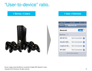 “User-to-device” ratio.
               1 Device, 4 Users                                                   1 User, 4 Devices




Source: Images: press.xbox360.com, screenshot of Apple iOS6 “Bluetooth” screen .
Copyright © 2013 Accenture. All rights reserved.                                                       47
 