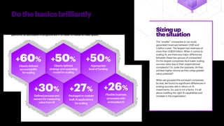 Sizingup
thesituation
The “smaller” companies in our study
generated revenues between US$1 and
5 billion a year. The largest had revenues of
more than US$30 billion. When it comes to
scaling AI, are there any major differences
between these two groups of companies?
Do the largest companies face lower scaling
success rates due to their organizational
complexity? Or, quite the opposite, do they
achieve higher returns as they untap greater
value potential?
When we grouped the surveyed companies
by size, we found no significant differences in
scaling success rate or return on AI
investments. So, size is not a factor. It’s all
about instilling the right AI capabilities and
mindset in the organization.
Dothebasicsbrilliantly
When it comes to scaling AI, Strategic Scalers do the basics brilliantly. Compared to companies in
Proof of Concept, they have a clearly defined strategy and operating model for AI, defined process
and owners for measuring value from AI, clearly defined accountability, appropriate levels of funding,
and flexible business processes with embedded AI. They also scale through reusable assets on
platforms, so successive AI programs are 3-5X faster to market at lower spend.
+26%
Flexiblebusiness
processeswith
embeddedAI
Clearlydefined
strategyandoperating
modelforscaling
+60%
Clearlydefined
accountability
forscaling
+50%
Appropriate
leveloffunding
+30%
Definedprocessand
ownersformeasuring
valuefromAI
+27%
Packagedorcustom
builtAIapplications
forscaling
+50%
11AI: BUILT TO SCALE
 