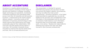 .
Accenture, its logo, and High Performance Delivered are trademarks of Accenture.
ABOUT ACCENTURE
Accenture is a leading global professional
services company, providing a broad range of
services and solutions in strategy, consulting,
digital, technology and operations. Combining
unmatched experience and specialized skills
across more than 40 industries and all business
functions—underpinned by the world’s largest
delivery network —Accenture works at the
intersection of business and technology to help
clients improve their performance and create
sustainable value for their stakeholders. With
more than 425,000 people serving clients in
more than 120 countries, Accenture drives
innovation to improve the way the world works
and lives. Visit us at www.accenture.com
DISCLAIMER
This presentation is intended for general
informational purposes only and does not take
into account the reader’s specific circumstances,
and may not reflect the most current
developments. Accenture disclaims, to the fullest
extent permitted by applicable law, any and all
liability for the accuracy and completeness of the
information in this presentation and for any acts
or omissions made based on such information.
Accenture does not provide legal, regulatory,
audit, or tax advice. Readers are responsible for
obtaining such advice from their own legal
counsel or other licensed professionals.
Copyright © 2017 Accenture All rights reserved. 20
 