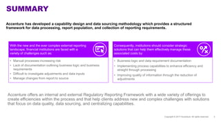 SUMMARY
Copyright © 2017 Accenture. All rights reserved. 3
Accenture has developed a capability design and data sourcing methodology which provides a structured
framework for data processing, report population, and collection of reporting requirements.
With the new and the ever complex external reporting
landscape, financial institutions are faced with a
variety of challenges such as:
Consequently, institutions should consider strategic
solutions that can help them effectively manage these
associated costs by:
• Manual processes increasing risk
• Lack of documentation outlining business logic and business
requirements
• Difficult to investigate adjustments and data inputs
• Manage changes from report to source
• Business logic and data requirement documentation
• Implementing process capabilities to enhance efficiency and
straight through processing
• Improving quality of information through the reduction of
adjustments
Accenture offers an internal and external Regulatory Reporting Framework with a wide variety of offerings to
create efficiencies within the process and that help clients address new and complex challenges with solutions
that focus on data quality, data sourcing, and centralizing capabilities.
 